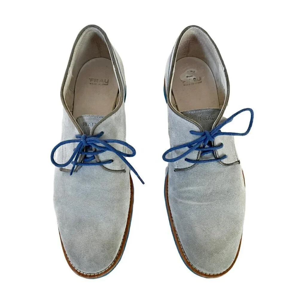 Frau Men’s 39 US Sz 6  Gray Suede Derby Lace Up Shoes Blue Eco Soles and Laces